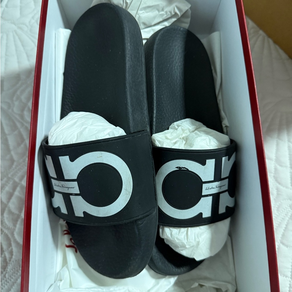Salvatore Ferragamo Black and White Slide Sandals